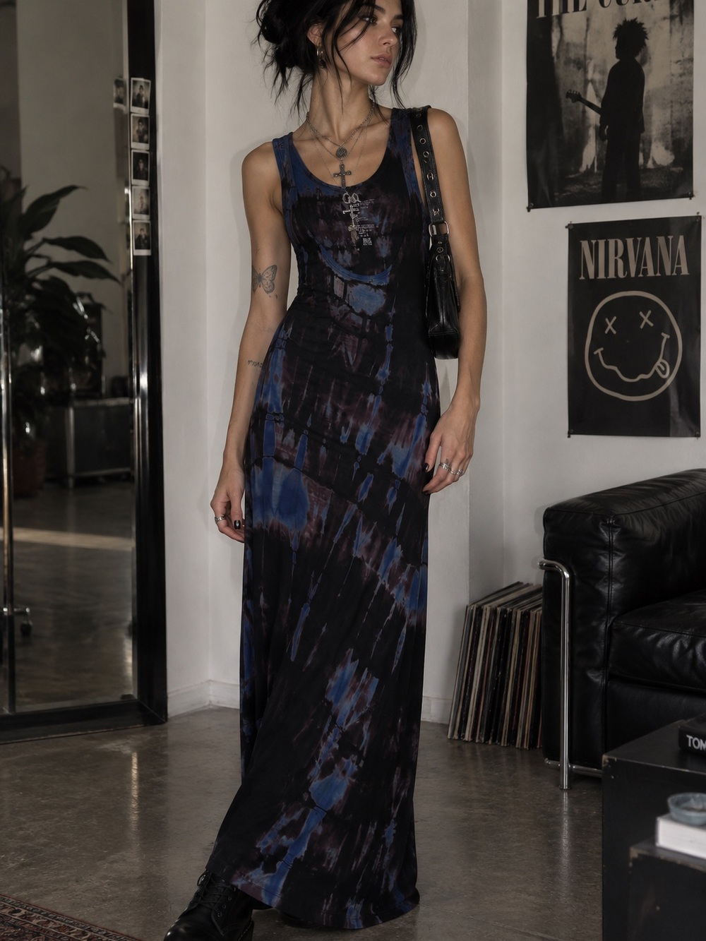 🪻MAKE OFFER🪻Go Couture Black Blue Tie-Dye Sleeveless Maxi Dress Boho Festival M